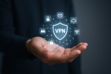 VPN Protection Concept: Secure Data Transmission and Privacy Displayed by Hand Holding Shield Icon