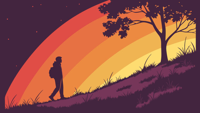 Silhouette of a person hiking uphill at sunset vibrant gradient background nature illustration.