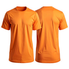 Front and back view of a plain, orange crew-neck t-shirt against a black background