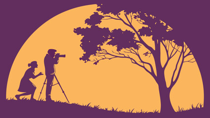Silhouette of Photographers Working Outdoors at Sunset with Tree.