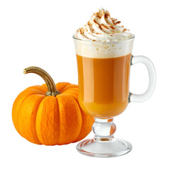 A festive glass of creamy pumpkin spiced latte, next to a mini pumpkin