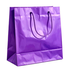 A shiny, purple shopping bag with a looped handle casts a shadow