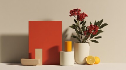 Modern Still Life Composition with Geometric Shapes, Red Berries, and Citrus Fruits for Creative Mockups