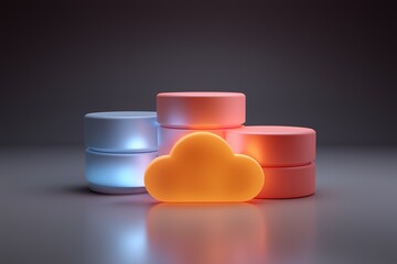 Abstract 3D render of interconnected databases and glowing cloud storage icons
