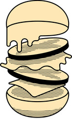 Illustration of a Tall Stacked Burger with Melting Cheese and Patty on Transparent Background