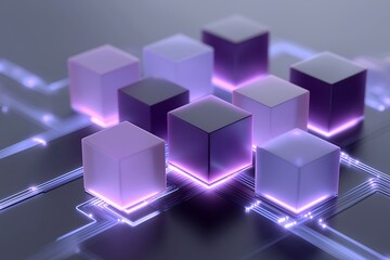 Obraz premium AI-powered database management system with floating data cubes and neon circuit paths