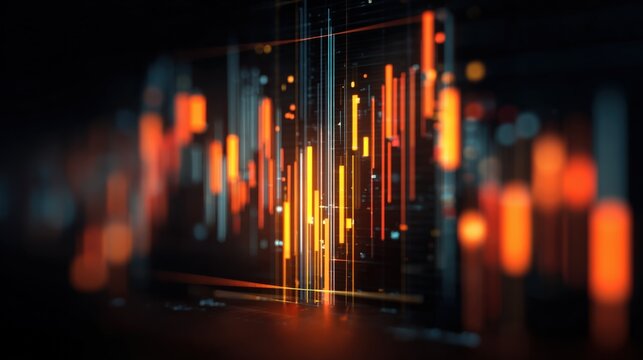 Fototapeta Abstract Financial Data Visualization with Glowing Bars and Lines on Dark Background, Represents Market