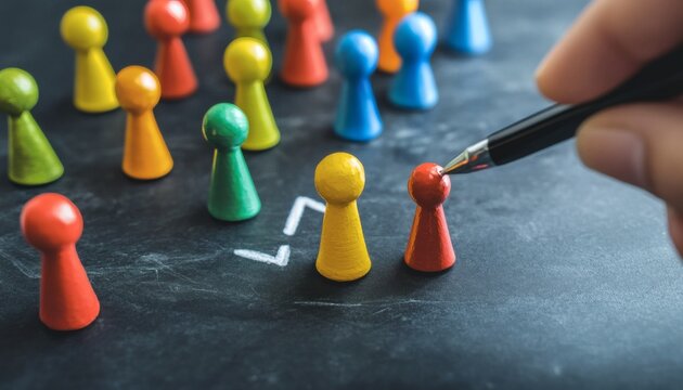 The image shows colorful game pieces arranged on a dark surface, with a hand using a pen to point at one of the red pieces.
