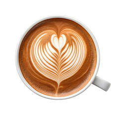 Overhead view of a delicious hot latte coffee with intricate latte art heart design isolated on transparent background