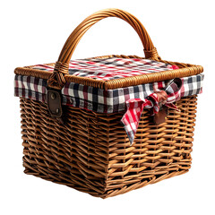 A woven picnic basket with a checkered lid and handle, secured by a ribbon
