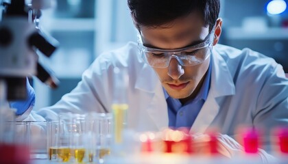 A male scientist in a lab coat and safety glasses carefully examines samples in test tubes and other lab equipment during an experiment.
