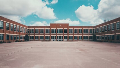 The image shows a large brick building with many windows surrounding a wide, empty courtyard, all under a blue sky with some clouds.