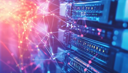 The image shows multiple network servers with connections represented by glowing lines and nodes in pink and blue hues.