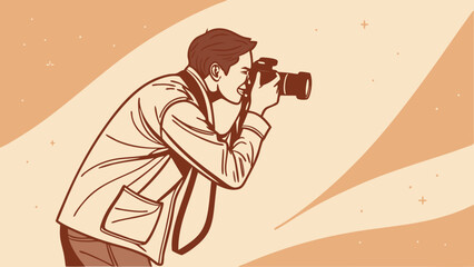 Stylish Photographer Taking a Picture with DSLR Camera Illustration Line Art Vintage Style.