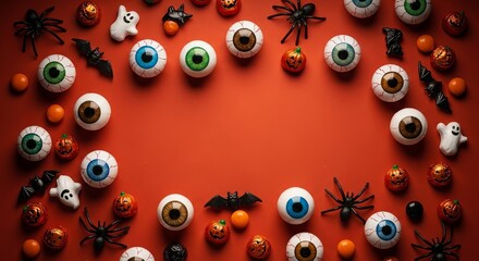 A festive Halloween frame made from spooky candy eyeballs, spiders, bats, and ghosts on a vibrant orange background.