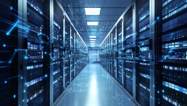 The illustration shows a long hallway of server racks in a data center, with blue lines representing data streams connecting them.