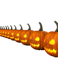 A diagonal row of illuminated jack-o'-lanterns with carved faces against a black background