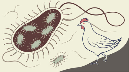 Obraz premium Stylized illustration of a chicken and bacteria poultry health food safety microbiology design.