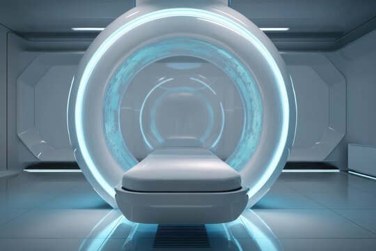 Futuristic MRI Scanner - Circular Design with Blue Neon Glow in Sterile White Room.