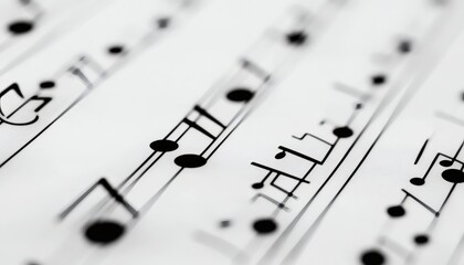 The image shows a detailed view of musical notation, including notes, rests, and clefs, printed on a white sheet of paper.