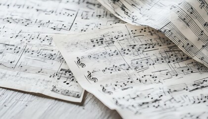 The illustration shows several pieces of old sheet music, crumpled and layered on a white surface; the notes and musical staff are visible but slightly blurred.
