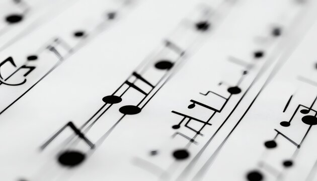 The image shows a detailed view of musical notation, including notes, rests, and clefs, printed on a white sheet of paper.