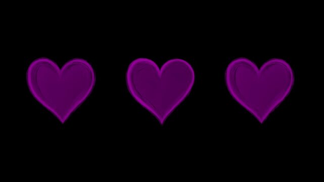 A minimalist and romantic 2D motion graphic background featuring glowing purple neon heart shapes moving horizontally across the screen. The high-contrast Valentines day loop is isolated on a solid bl