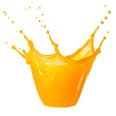 A vibrant splash of yellow-orange liquid bursts upwards, creating a crown shape against black
