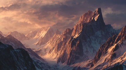Obraz premium Majestic Mountain Peaks Bathed in Golden Hour Sunlight, Dramatic Clouds and Snowy Slopes.