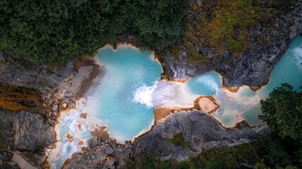 Horizontal Aerial View of Cascading Turquoise Waterfalls and Natural Pools Surrounded by Dark Forest and Rocky Cliffs (Giresun Kuzalan Selalesi, Mavi Göl).