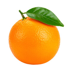 Vibrant, close-up studio shot of a ripe orange citrus fruit with a single green leaf