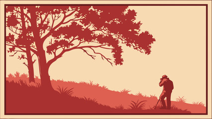 Vintage Style Silhouette of a Person Photographing Nature Scene Under a Tree.