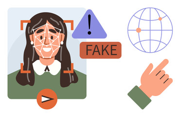 Facial analysis on a photo highlights deepfake detection, warning sign, and global internet network. Ideal for technology, cybersecurity, AI ethics, fraud prevention, privacy, online platforms