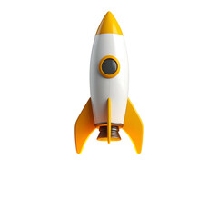 A stylized, cartoon-like rocketship with white body, yellow fins and nose, and circular window on black