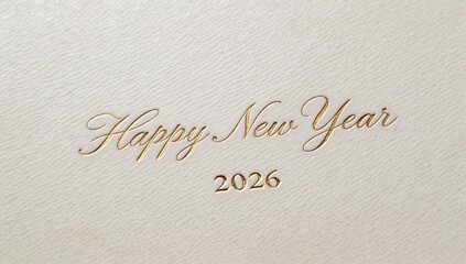 Happy New Year 2026 written in elegant gold script on a textured cream background, symbolizing new beginnings and the anticipation of the upcoming year.