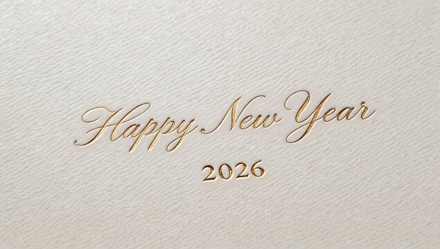 Happy New Year 2026 written in elegant gold script on a textured cream background, symbolizing new beginnings and the anticipation of the upcoming year.