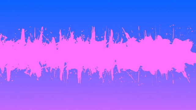 A dynamic 2D motion graphic animation featuring a horizontal band of bright pink paint splatters and brush strokes moving actively. This vibrant artistic design forms a seamless loop on a blue gradien
