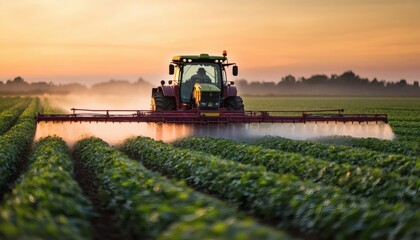 Fototapeta premium A tractor equipped with a spraying mechanism is moving through rows of crops, applying treatment in a farm setting during the sunrise hours.