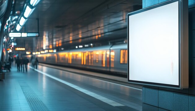 A large, blank billboard is mounted on a teal wall of a subway station, with a train passing by in the background and blurred commuters waiting on the platform.