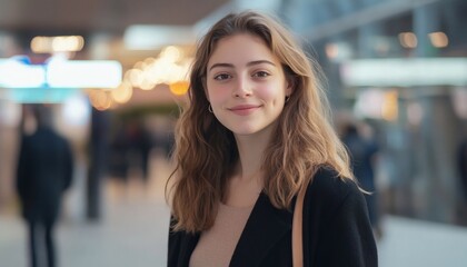 A young woman with light brown hair and rosy cheeks smiles gently while standing in a modern building with a blurred background.