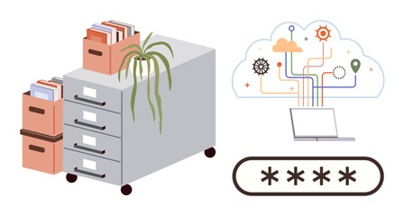 Filing cabinet with documents contrasting a cloud data system linked to a laptop, showing security with password access. Ideal for cloud computing, digitization, security, technology, data