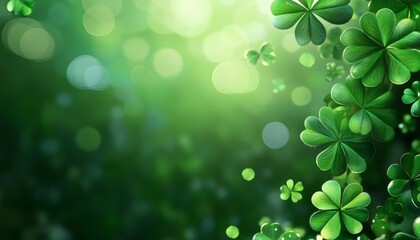 The illustration shows multiple vibrant green shamrocks on a blurred green background with bokeh lighting effects.