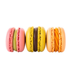 Three colorful sandwich cookies with cream filling, isolated on black background