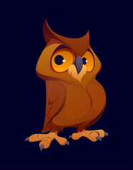 Cartoon Halloween brown owl character mascot with serious expression, fluffy feathers and pointed ears. Vector wise owlet personage with large, yellow eyes, embodying the wisdom, magic and mystery