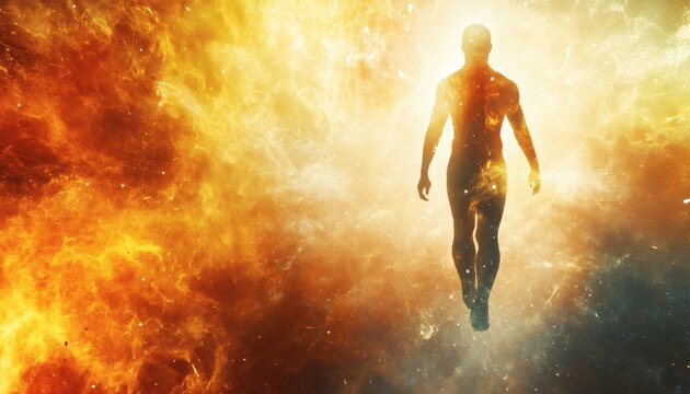 The illustration shows a male figure walking away from the viewer toward a bright light in a fiery orange, yellow and white cosmic background.