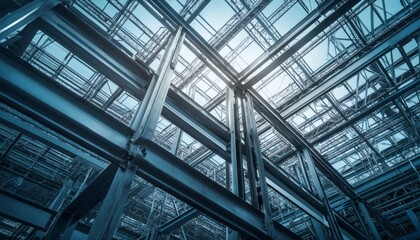 The image shows a detailed view of interconnected steel beams and girders, creating an intricate structural framework.