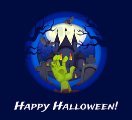Happy Halloween paper cut banner, scary Halloween cemetery with green zombie hand rising from a grave in front of tombstones. Halloween holiday vector paper cut greeting card with zombie hand in grave