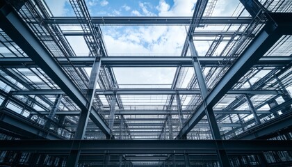 The image shows a complex network of steel beams forming the skeletal framework of a building under construction, viewed from below against a backdrop of a partly cloudy sky.
