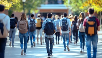 A crowd of students with backpacks walks outdoors on a paved path, going to class or other campus activities.