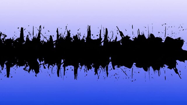 Abstract Black Ink Splash Border on Purple Blue Gradient Description: A bold black ink splatter effect forming a horizontal divider across a soft purple and blue gradient background. This artistic ele